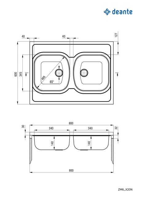 Zlewozmywak stalowy 2-komorowy - nakładany, wykończenie: stal, dekor