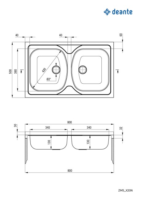 Zlewozmywak stalowy 2-komorowy - nakładany, wykończenie: stal, satyna
