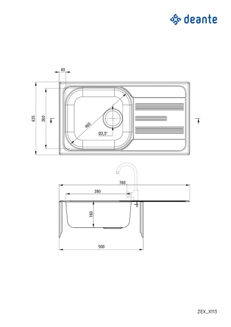 Zlewozmywak stalowy 1-komorowy z ociekaczem, wykończenie: stal, dekor
